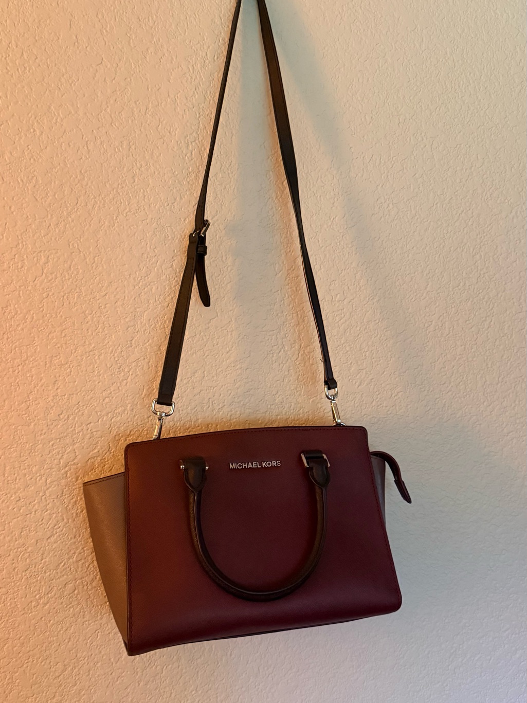 Michael Kors Burgundy And Taupe Satchel Crossbody Bag